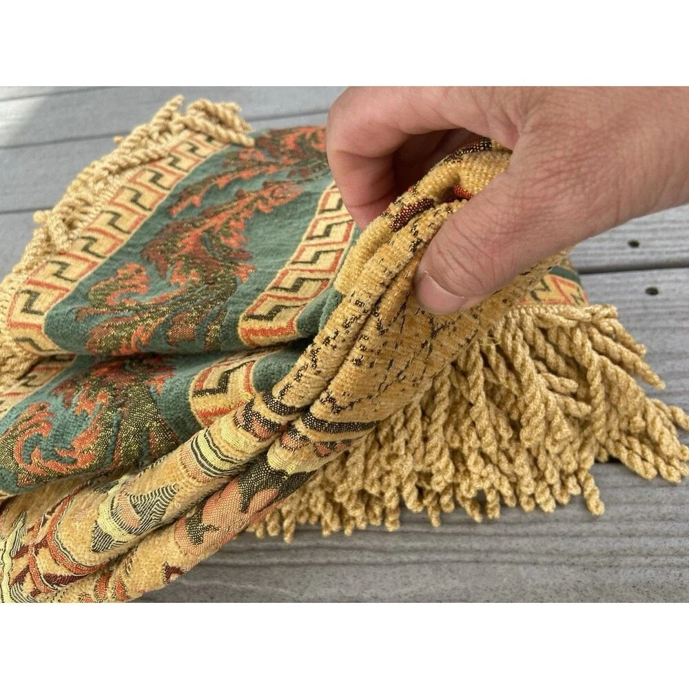 Vtg Hand Woven Lebanese Mat Tapestry Tablecloth Square Jacquard Woven Fringe